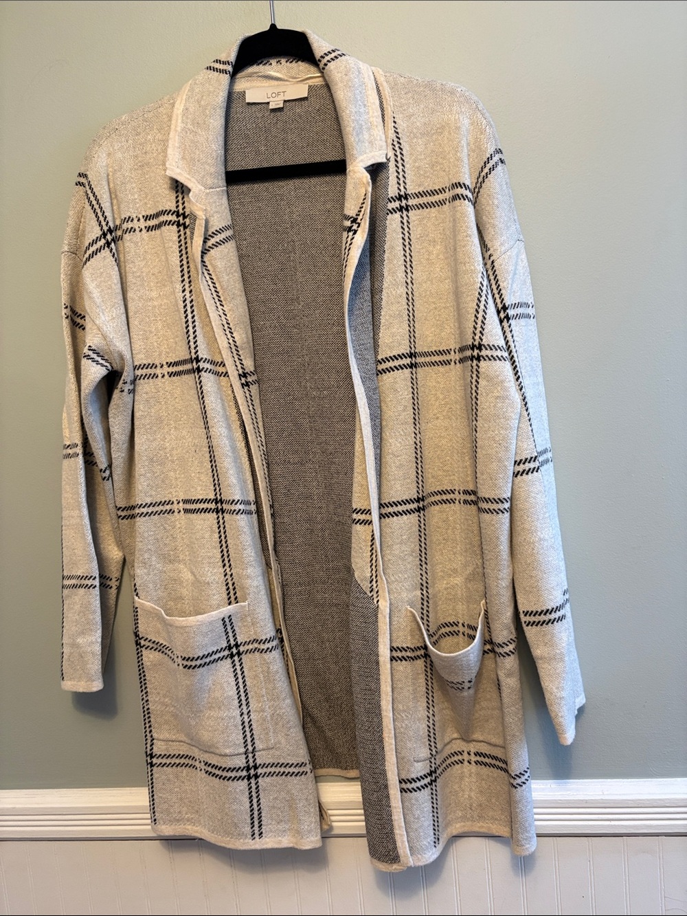 LOFT Cream Plaid Open-Front Knit Blazer